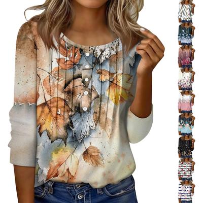 Женский топ с круглым вырезом, декоративными пуговицами и полосками, повседневная футболка однотонного цвета с рукавом 3/4