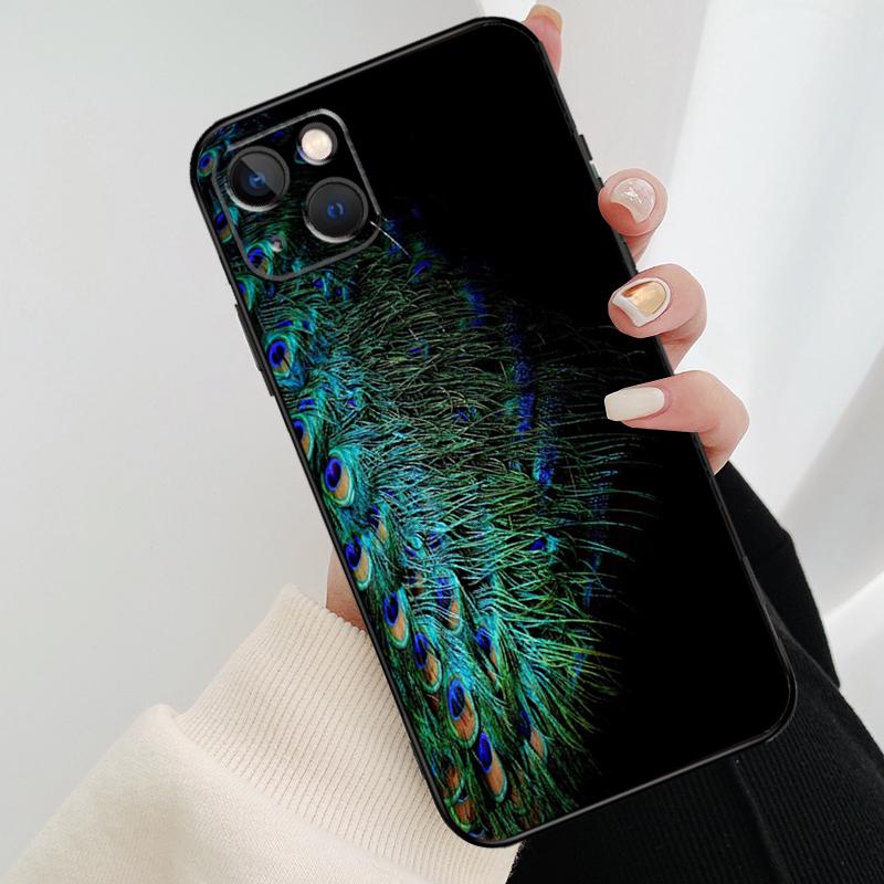 Bird Peacock Feather Phone Case For iPhone 13 14 15 16 Pro Max 11 12 XS XR X Plus Shockproof Bumper Soft Cover