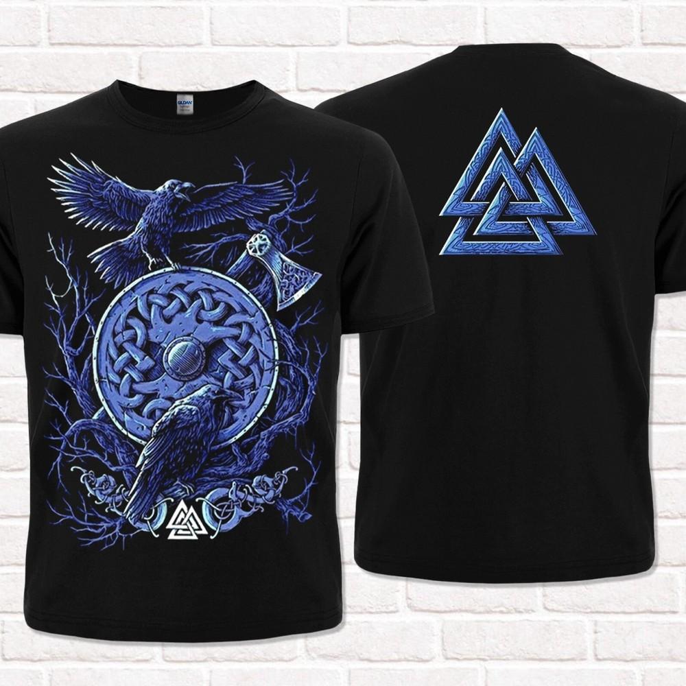 Viking style T-Shirt, Odins Crows, Valknut, Shield with Axes. Nordic tradition.