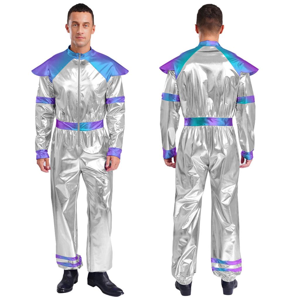 Mens Alien Robot Costume Retro Space Theme Long Sleeve Jumpsuit Shiny Metallic Halloween Party Outfit
