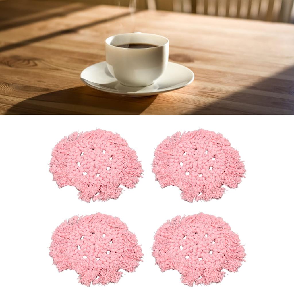 4pcs Cotton Thread Woven Drink Coasters with Tassel Round Pure Color Elegant   Lipstick Pot Pads Mats