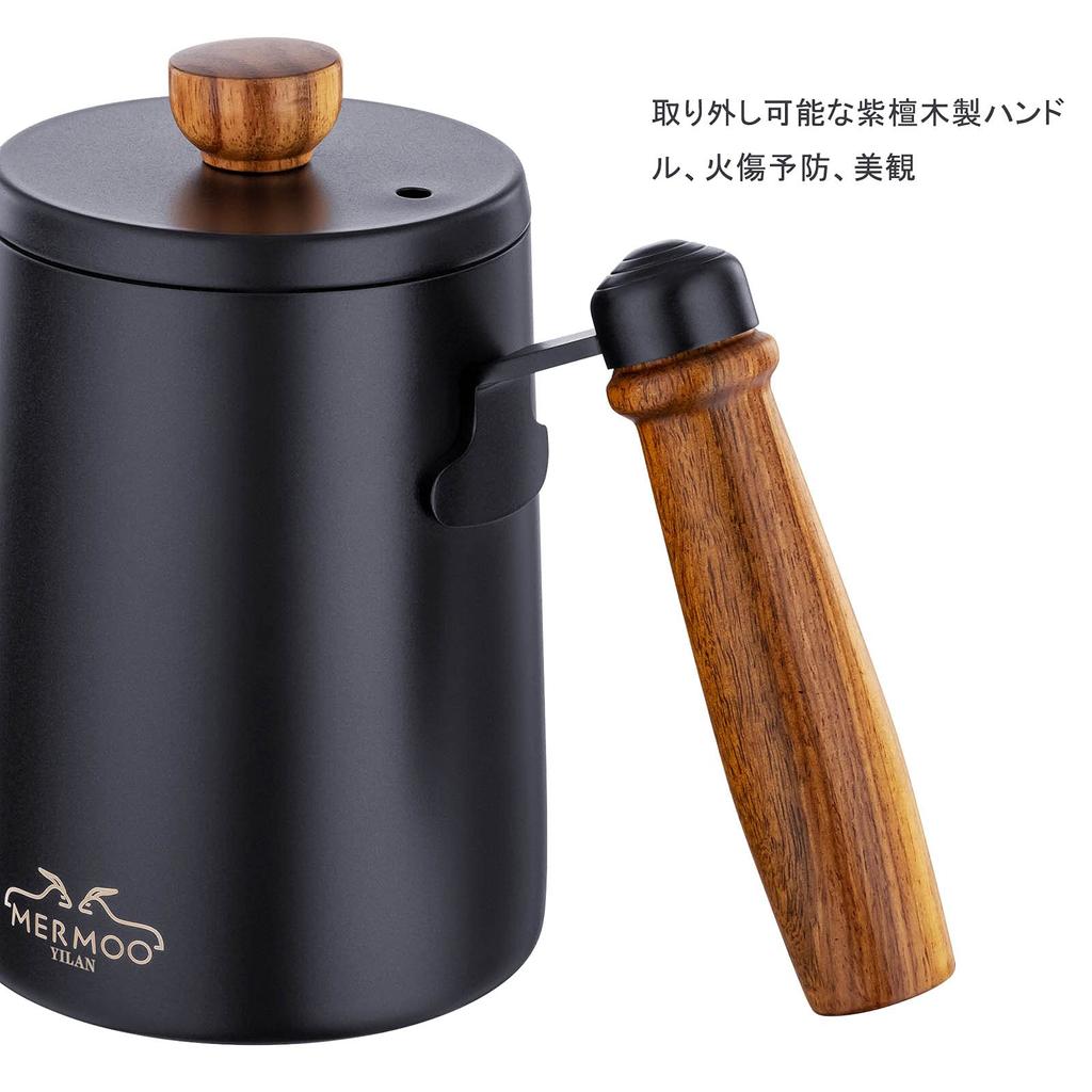 MERMOO YILAN Coffee Pot Drip Pot Kettle Narrow Mouth 600ML Wooden Pattern Camping Coffee Drip Utensil Coffee Pot Coffee Maker Pot Coffee Tool (Black)