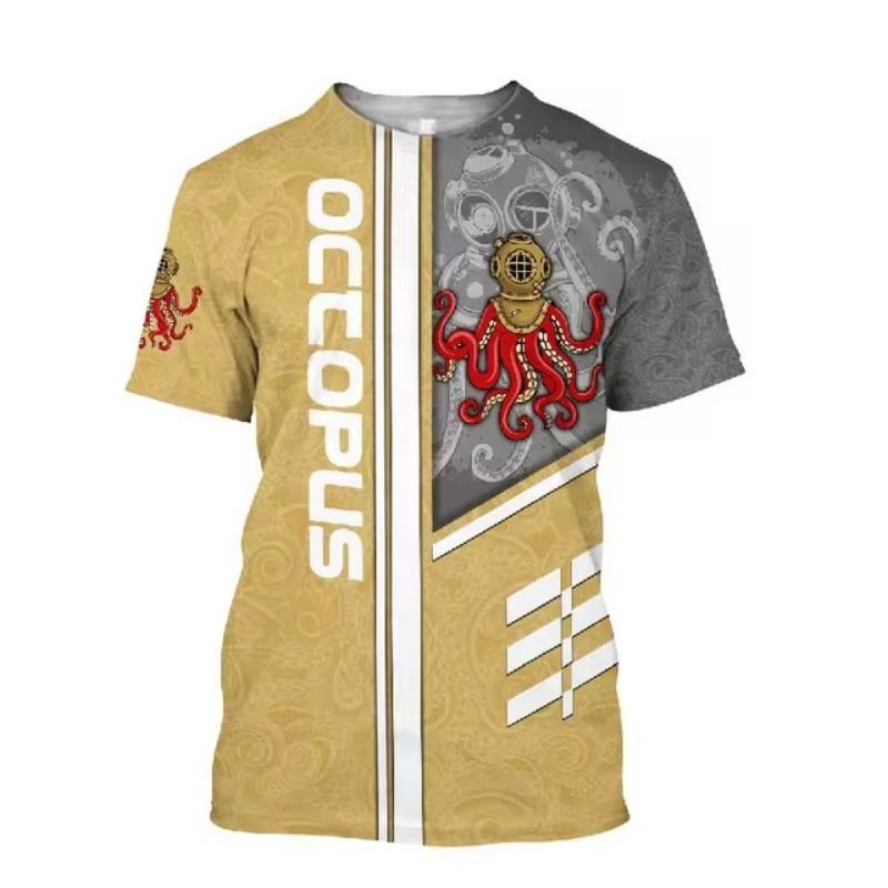 Мужская новая летняя футболка с коротким рукавом и 3d-принтом Hd с круглым вырезом и принтом «Океан», осьминог, индивидуальный ретро, ​​свободный топ больших размеров