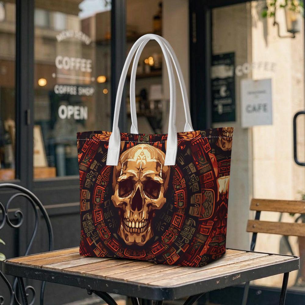Aztec Skull Print Tote Bag Vintage Stylish Shoulder Handbag for Daily Use