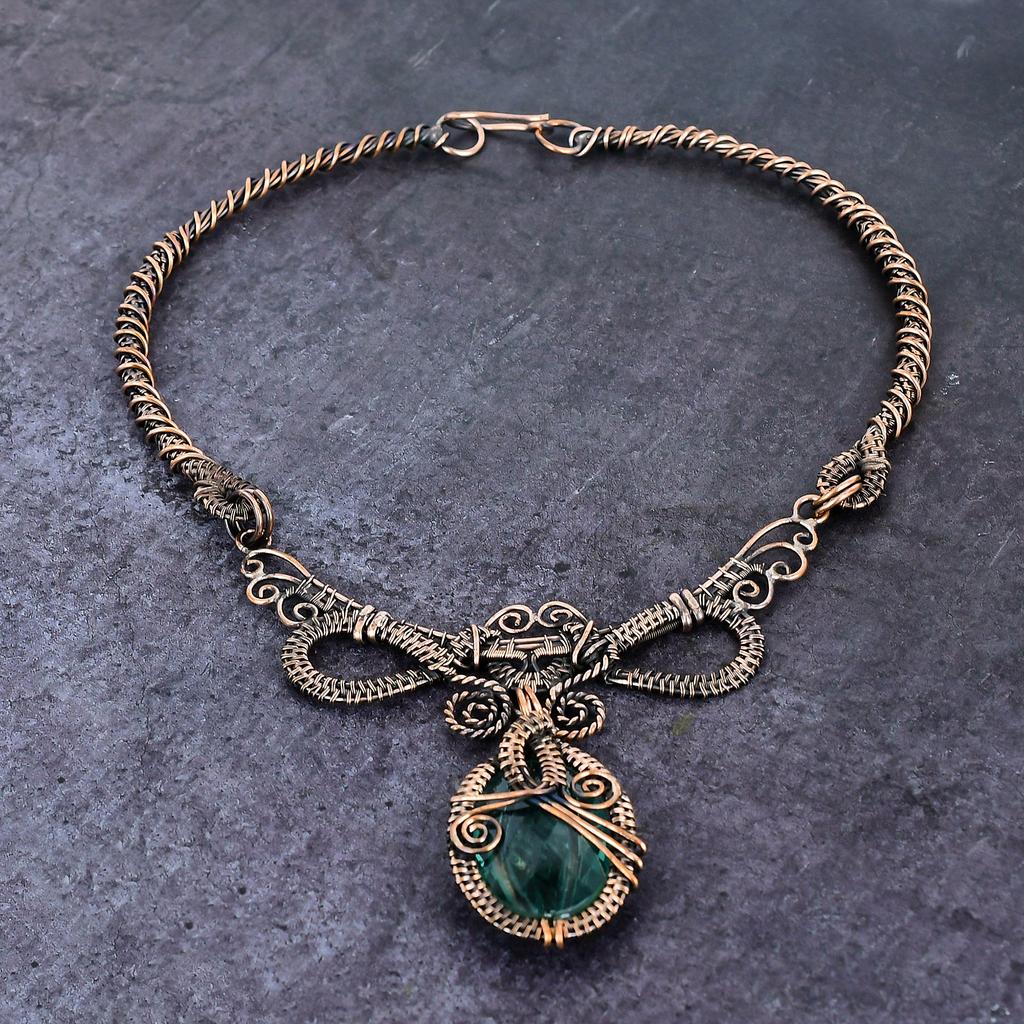 Натуральный Изумруд Натуральный Драгоценный Камень Медная Проволока Оплетка Ювелирное Ожерелье 18" Z0r22