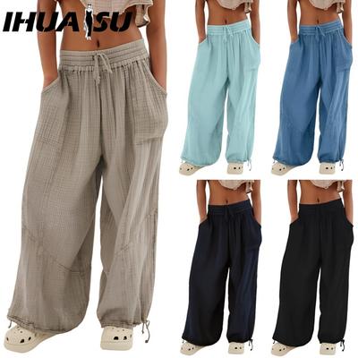 8 цветов, женские брюки с высокой эластичной талией, широкие свободные брюки, глубокий жилет, плиссированные карманы на щиколотках, однотонные мягкие женские повседневные брюки