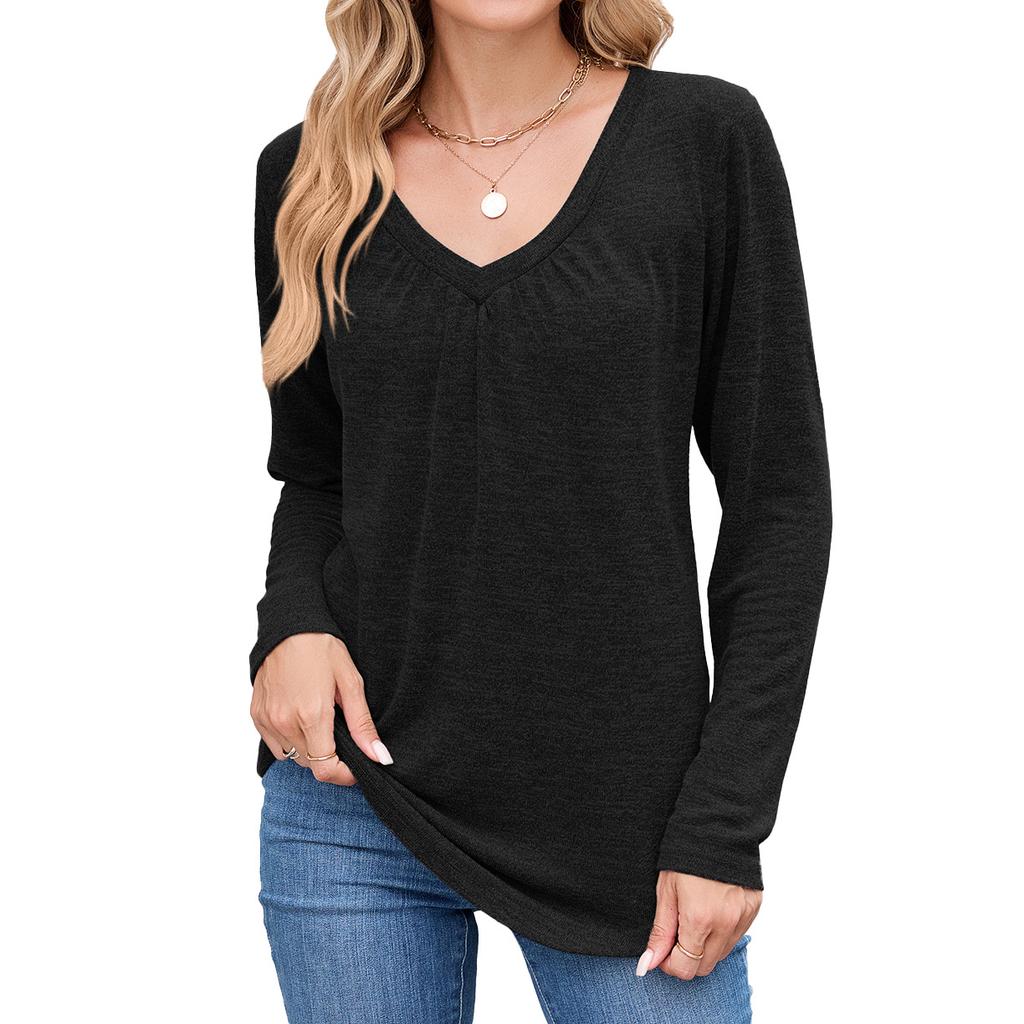 New Autumn and Winter Pleated V-neck Loose Long-sleeved T-shirt Top for Women