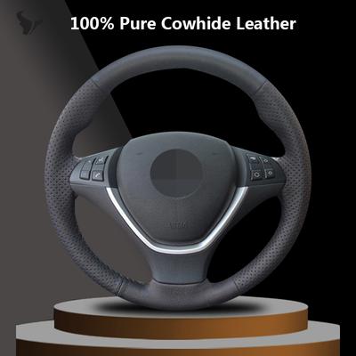 Сшитый вручную черный чехол на руль автомобиля из натуральной кожи для BMW X6 E71 2008 2009 2010 2012 2013 2014 E70 X5 2008-2012