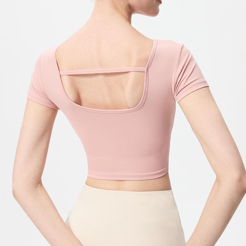 Женский быстросохнущий топ для йоги: Облегающий дизайн с U-образной спиной, Красивая спина, Футболка для фитнеса с коротким рукавом
