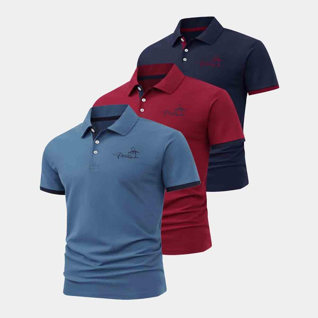 Men's 3-Piece Polo Set: Moisture-wicking polo shirt with a stand-up collar, featuring a simple and stylish three-button, two-tone cuff design