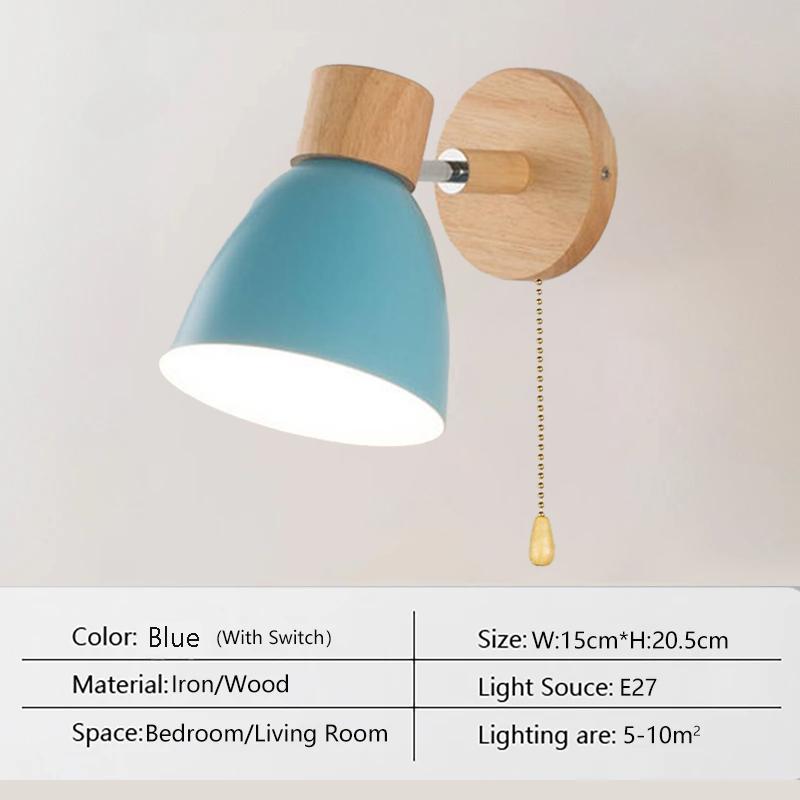 Скандинавский деревянный настенный светильник, разноцветный с выключателем, современный железный настенный светильник для спальни, гостиной, макаруны, интерьерный прикроватный светильник