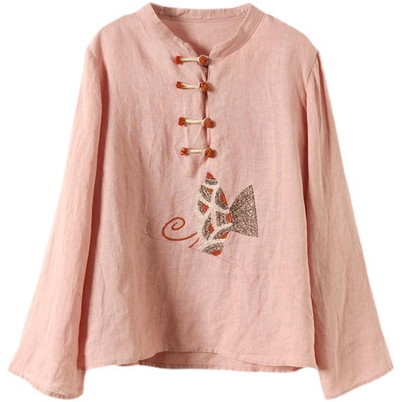 Этнические китайские женские футболки с вышивкой, топы, блузки, повседневная ретро-блузка