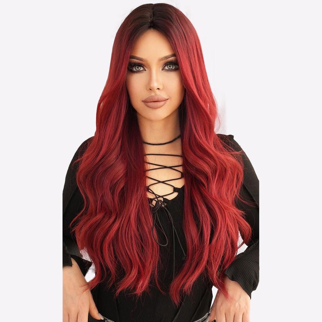 28" Barn Red Ombre Curly Wig - Heat Resistant Full Lace Synthetic Hairpiece with Loose Body Waves & Natural Look