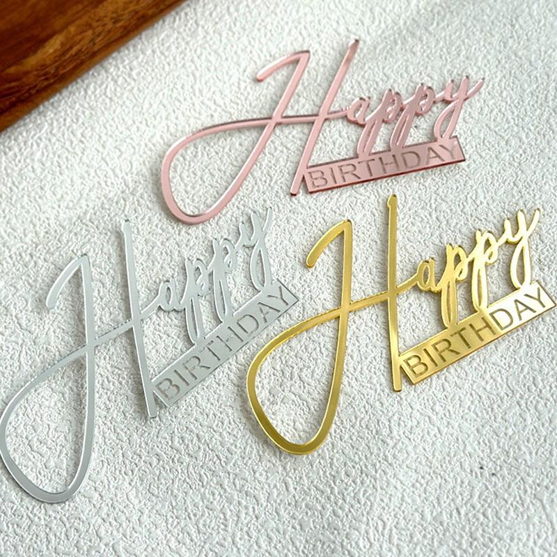 Happy Birthday Cake Topper Plastic Gold Mirror Cupcake Topper For Kids Birthday Party Cake Dessert Decorations Baby Shower Decor