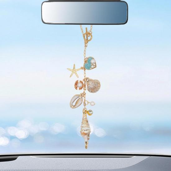 Gold Seashell Rear View Mirror Hanging Charm – Coastal Beach Hanging Charm, Boho Starfish Aesthetic Car Interior Accessory, Cute Car Ornament Gift