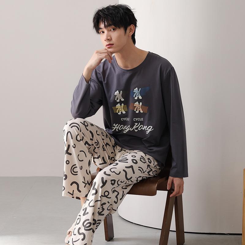Тип Пижамный костюм из чистого хлопка на осень-зиму для мужчин с длинными рукавами из хлопка, комплект домашней одежды для мужчин, мягкая домашняя одежда для мужчин