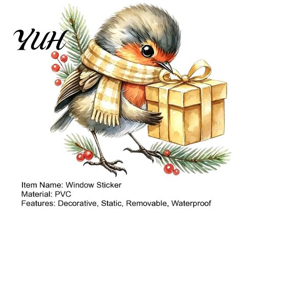 Festive Home Decor Christmas Bird Static Window Sticker, Cute Watercolor Glass Stickers with Pine Branch, PVC Waterproof Reusable Holiday Ornaments