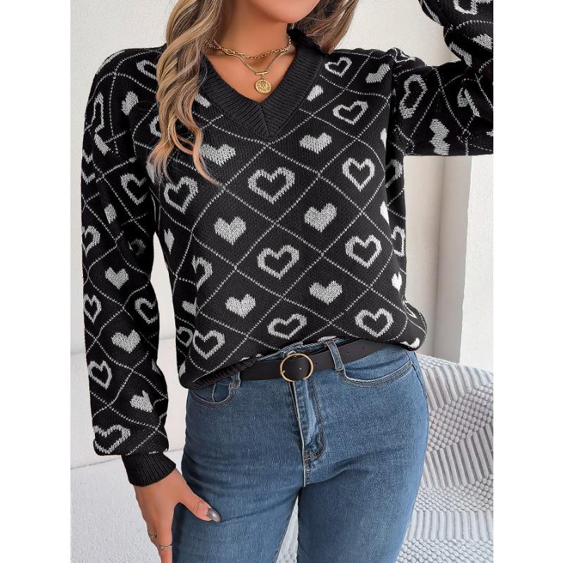 Women's Autumn and Winter Sweet Color Collision Love Lantern Sleeve Pullover Sweater