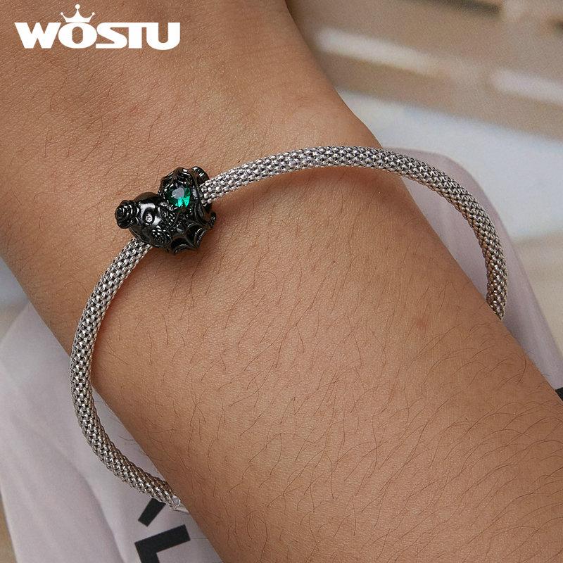 WOSTU 925 Sterling Silver Moonlight Rose & Skull Heart-shaped Rose & Letter A Charms Beads for Women DIY Original Bracelet Necklace Fashion Jewelry