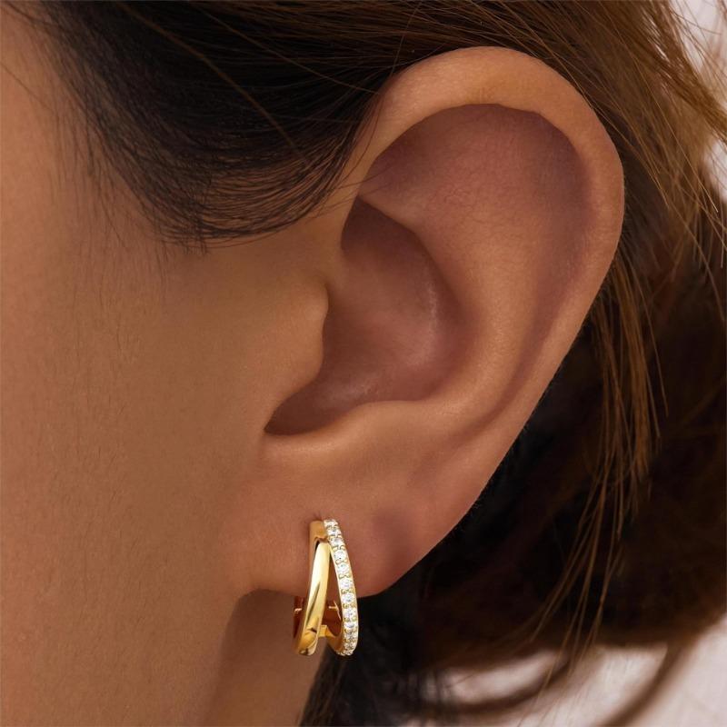 Stainless Steel Double Layer Zircon Hoop Earrings for Women Girls Elegant Punk Earring Stud Style Party Fashion Jewelry Gifts