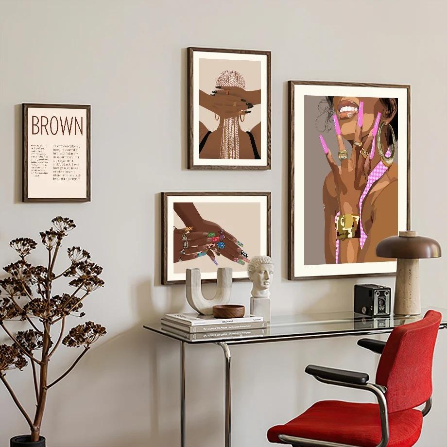Черное искусство Мода Хип-хоп Девушка Маникюр Ювелирные изделия Губы Постер Африканская Черная Женщина Красивые Ногти Живопись Картинки Гостиная Салон Красоты Декор
