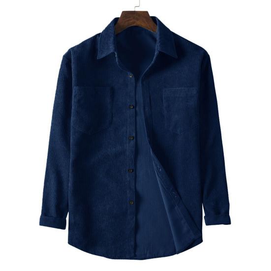 Men Corduroy Shirt Turn-down Collar Single-breasted Solid Color Loose Cardigan Retro Style Mid Length with Chest Pockets Top for Daily Wear Commuting