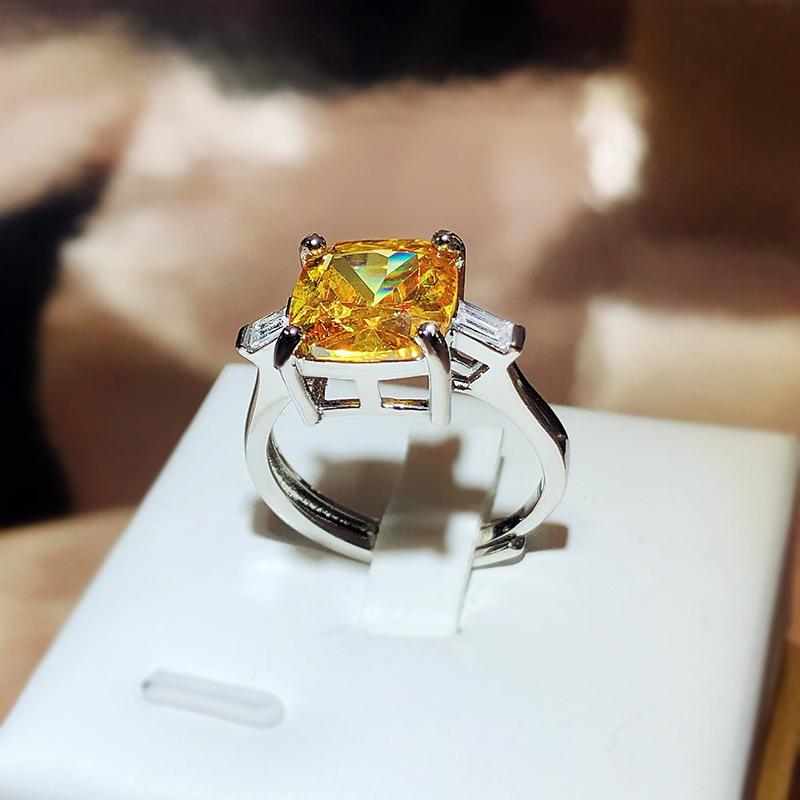 Супер Вспышка Ледяная Огранка Желтый Бриллиант Открытое Кольцо Женское медь Роскошный Имитация Циркона Принцесса Квадратный Бриллиант Обручальное Кольцо