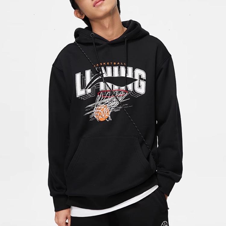 Li Ning Sports Lifestyle Series Lettered Hooded Hooded Fleece Pullover Long Sleeve Hoody Long Sleeve Men sweatshirt Black AWDTE39-1
