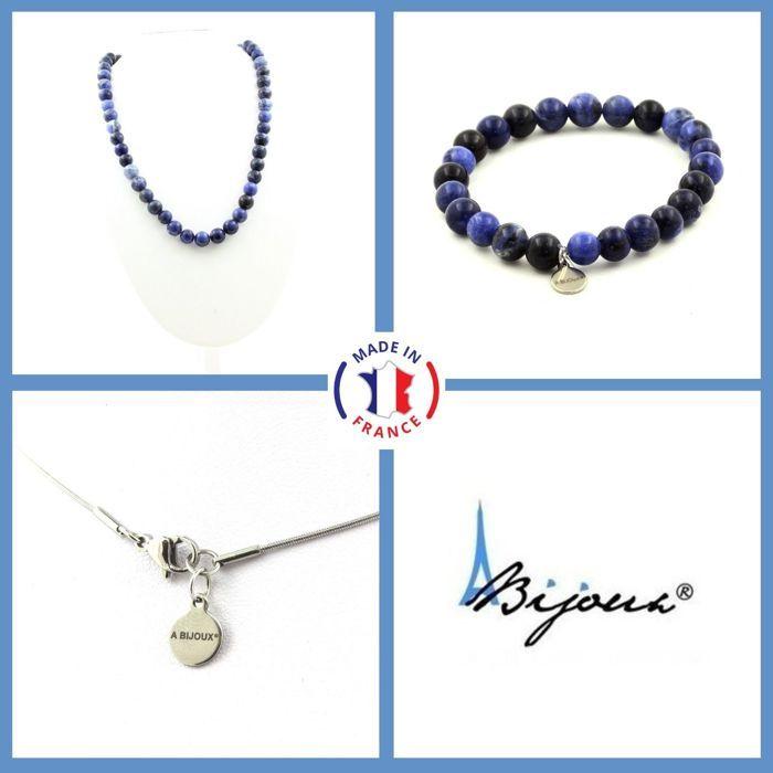 Stones and Minerals. Jewelry Set Bracelet Necklace Sodalite Beads 8 Mm. Steel Chain Customizable Size.
