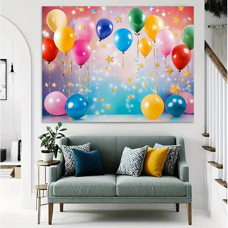 2D Rainbow Balloon Birthday Backdrop, 83x59in Kids Party Background Banner