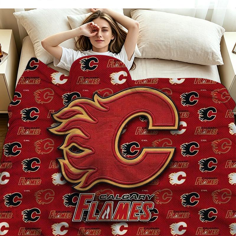 Calgary Flames Logo Print Flannel Blanket High Quality Warm Comfortable Cover for All Seasons Perfect for Gifts Home Decor