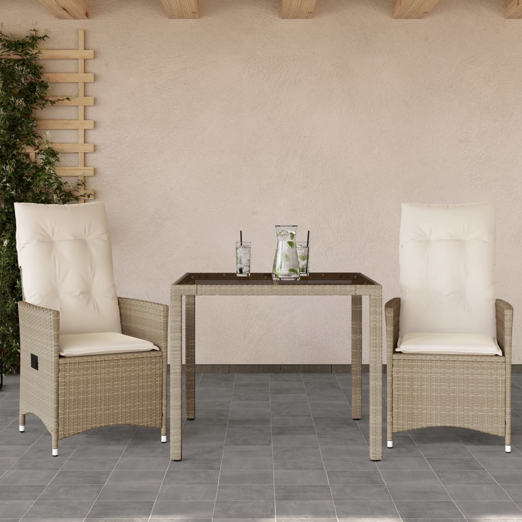 3 Piece Bistro Set with Cushions Beige Poly Rattan