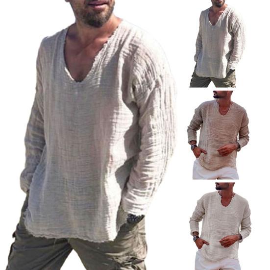 Мужская повседневная рубашка с v-образным вырезом и длинным рукавом, топы с заусенцами, плиссированные однотонные свободные тонкие пуловеры, уличная одежда