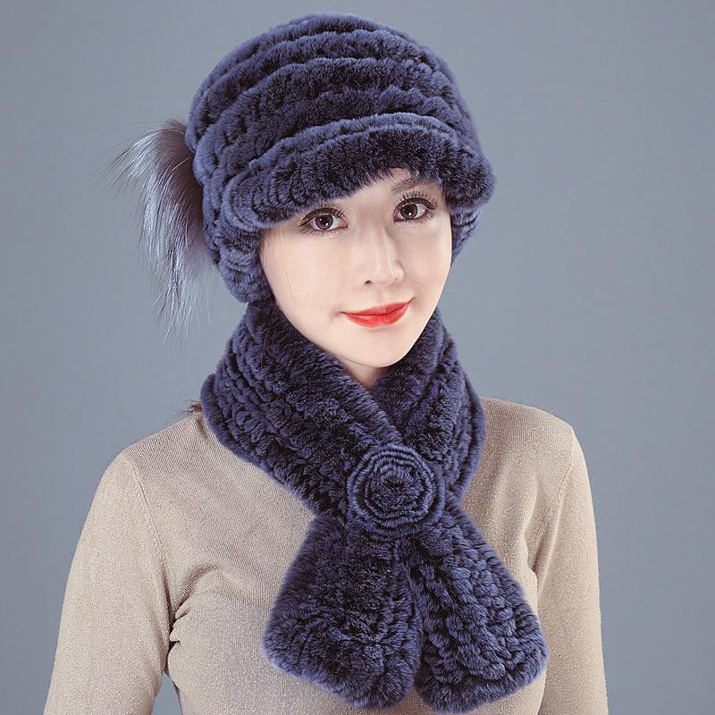 Шапка-шарф из меха кролика Рекс, два комплекта для пожилых женщин, женщин, осени, зимы, матери, бабушки