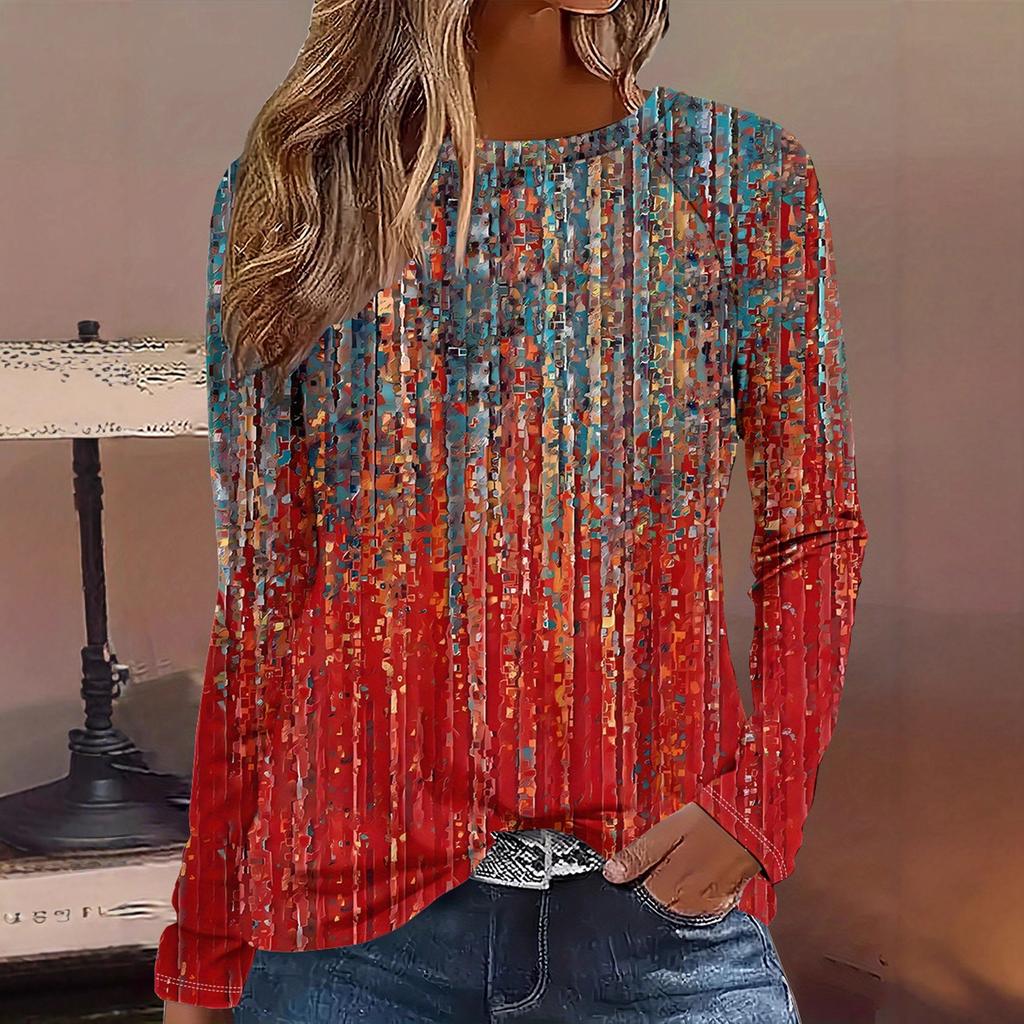 Round Neck 3D Striped Printed Top Casual Long Sleeved Women's T-shirts - Soft Medium Stretch Polyester Fabric Spring and Autumn Relaxed Fit Clothing