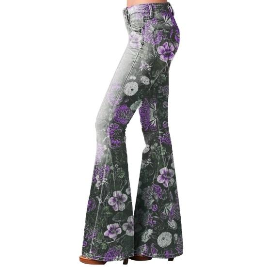 Женские джинсовые брюки с высокой талией, цветочным принтом, расклешенные джинсы с карманами, поясом, легкими дышащими джинсами