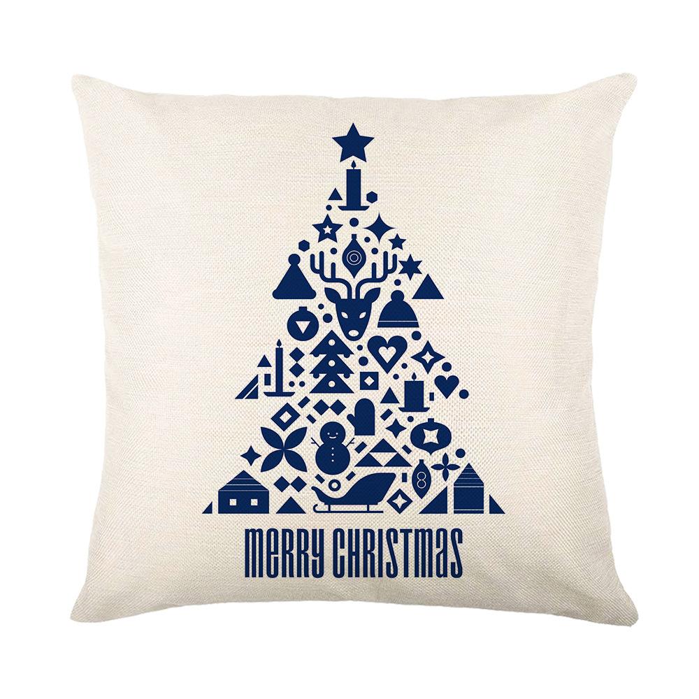 Blue Christmas Ornament Cushion Cover Printed Bear Snowflake Elk Santa Claus Tree Merry Christmas Lettering Linen Pillowcase