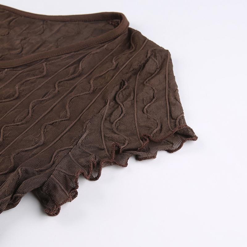 Women Retro Perspective V-neck Hollowed Cardigan T-shirt Tops Fashion Agaric Edge Short Bare Navel Top