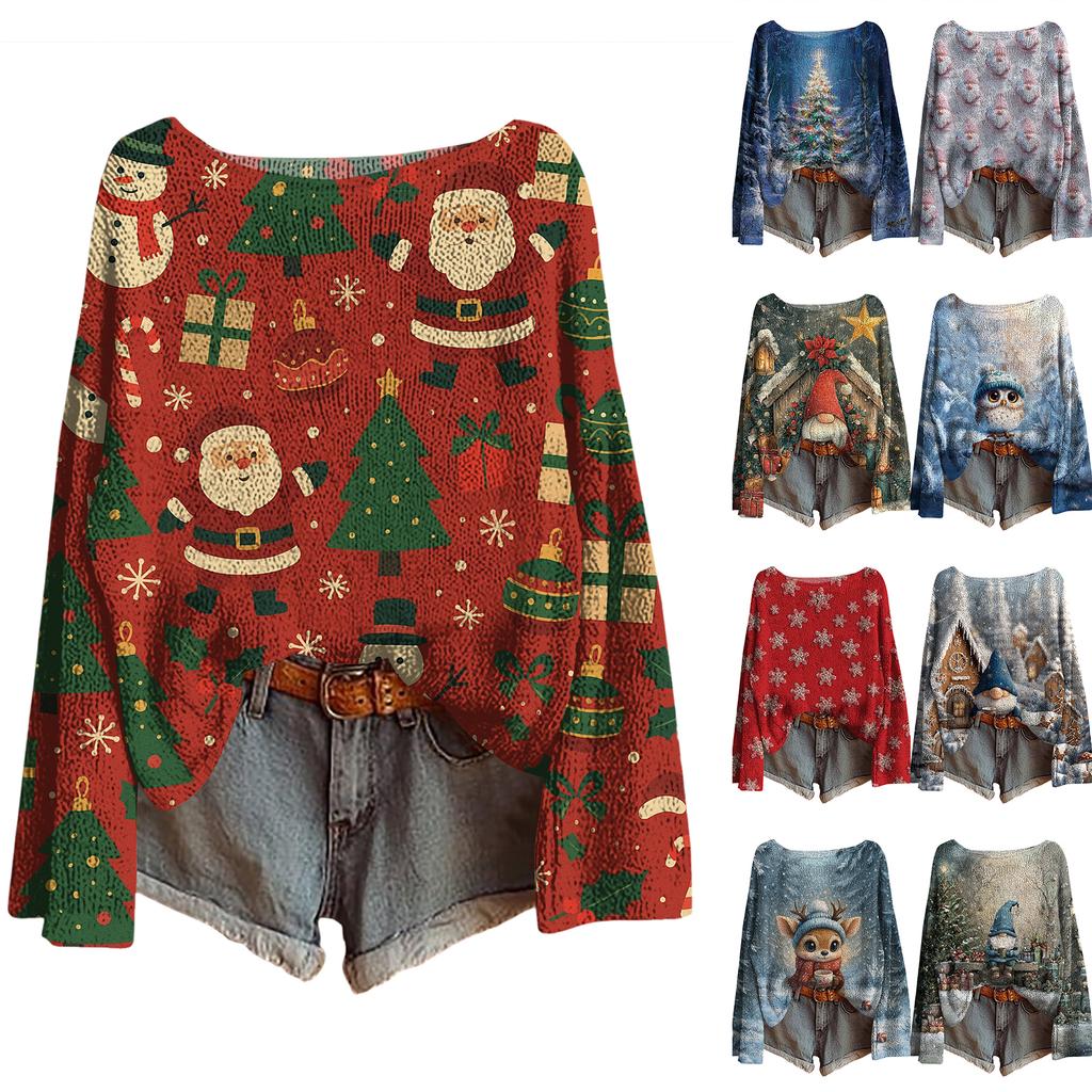 Women's Christmas Print Lightweight Sweater Casual Long Sleeve Knitted Pullover