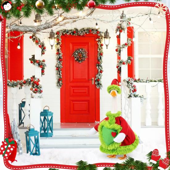 Christmas Goose Outfit Santa Claus Goose Costume Xmas Hat And Coat with Fuzzy Green Edge