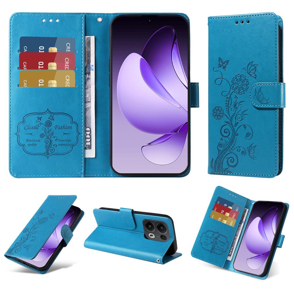Для Oppo Reno13 Pro 5G/Oppo Reno14 Pro 5G (Китай)/Oppo Reno14 Pro 5G (Глобальный) Кожаный чехол с тиснением «Бабочка и цветы», кошелек-подставка