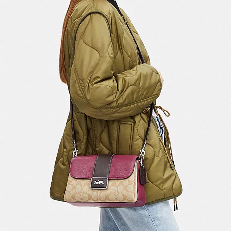 New COACH Grace Cow Leather Shoulder Bag, Handbag, Shoulder Bag Women's Purple & Khaki CJ633-SVVSB