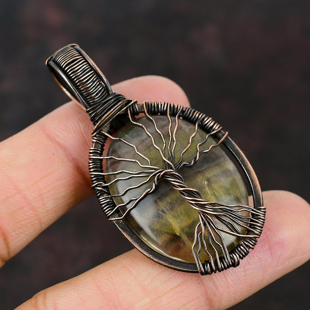 Дерево жизни Подвеска из многоцветного флюорита с драгоценными камнями Подвеска из медной проволоки Подарок для нее Медные украшения Ювелирные изделия ручной работы Ювелирные изделия из многоцветного флюорита