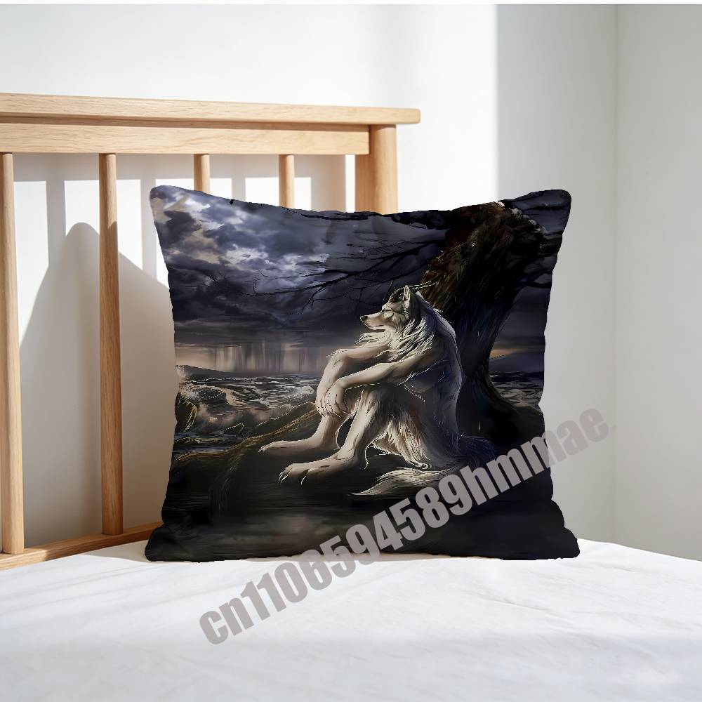 For Emo White Wolf Sitting Meme Throw Pillow Case Sham 45X45Cm 40X40Cm Square Car Pillowcase Pad Cushion Cover