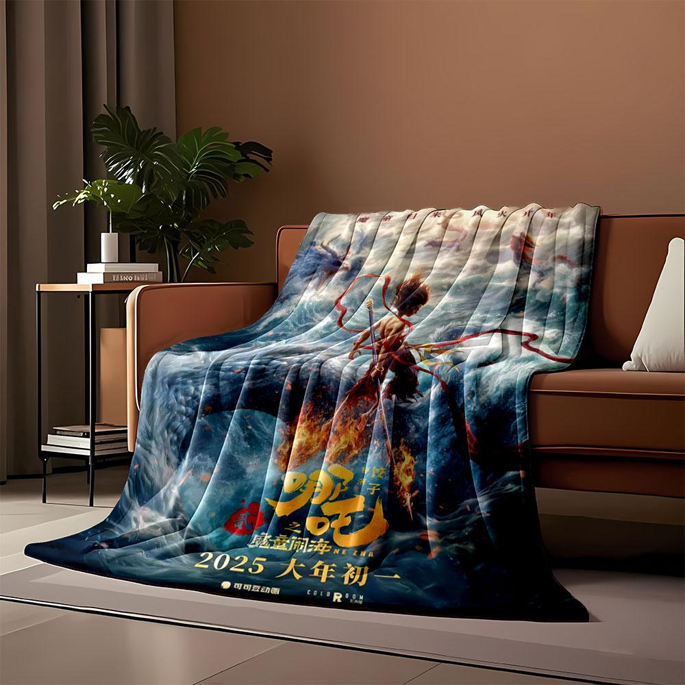 A fiery hero stands amidst dragons and turbulent waves in a mystical scene. for all seasons blanket lunch break throw gift