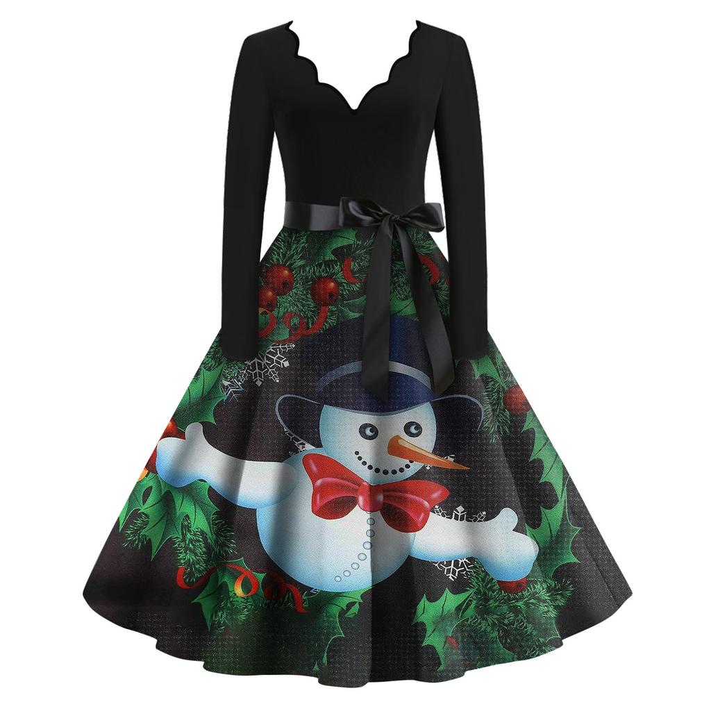 Женские модные повседневные тонкие рождественские платья с длинным рукавом с v-образным вырезом и принтом