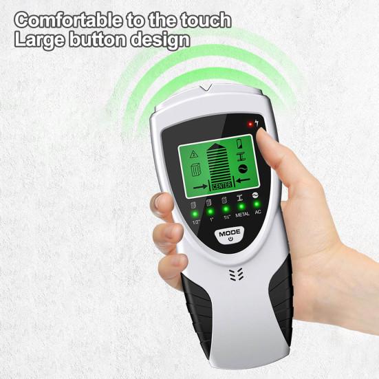 Настенный детектор 5 в 1. Поиск шпилек с обнаружением проводов под напряжением переменного тока. Дисплей с подсветкой. 5 режимов. 3 глубины. Металлический деревянный кабельный трекер.