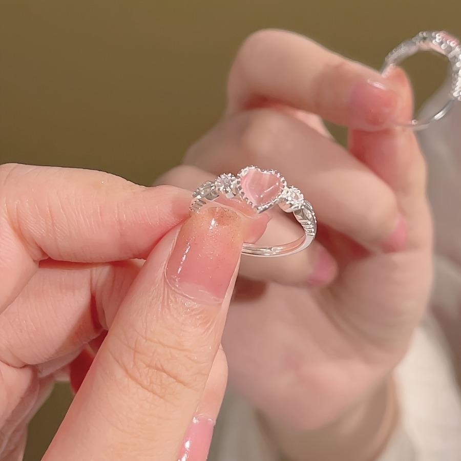 A Pink Heart Synthetic Zirconia Open Ring | Elegant and Lightly Luxurious, Cute and Hypoallergenic, High Quality, Women'S Party Jewelry
