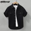 Рубашки с коротким рукавом в уличном стиле для мужчин, летняя мода, повседневная рабочая одежда, мужские топы из чистого хлопка, черная рубашка с двойными карманами, молодежная свободная рубашка