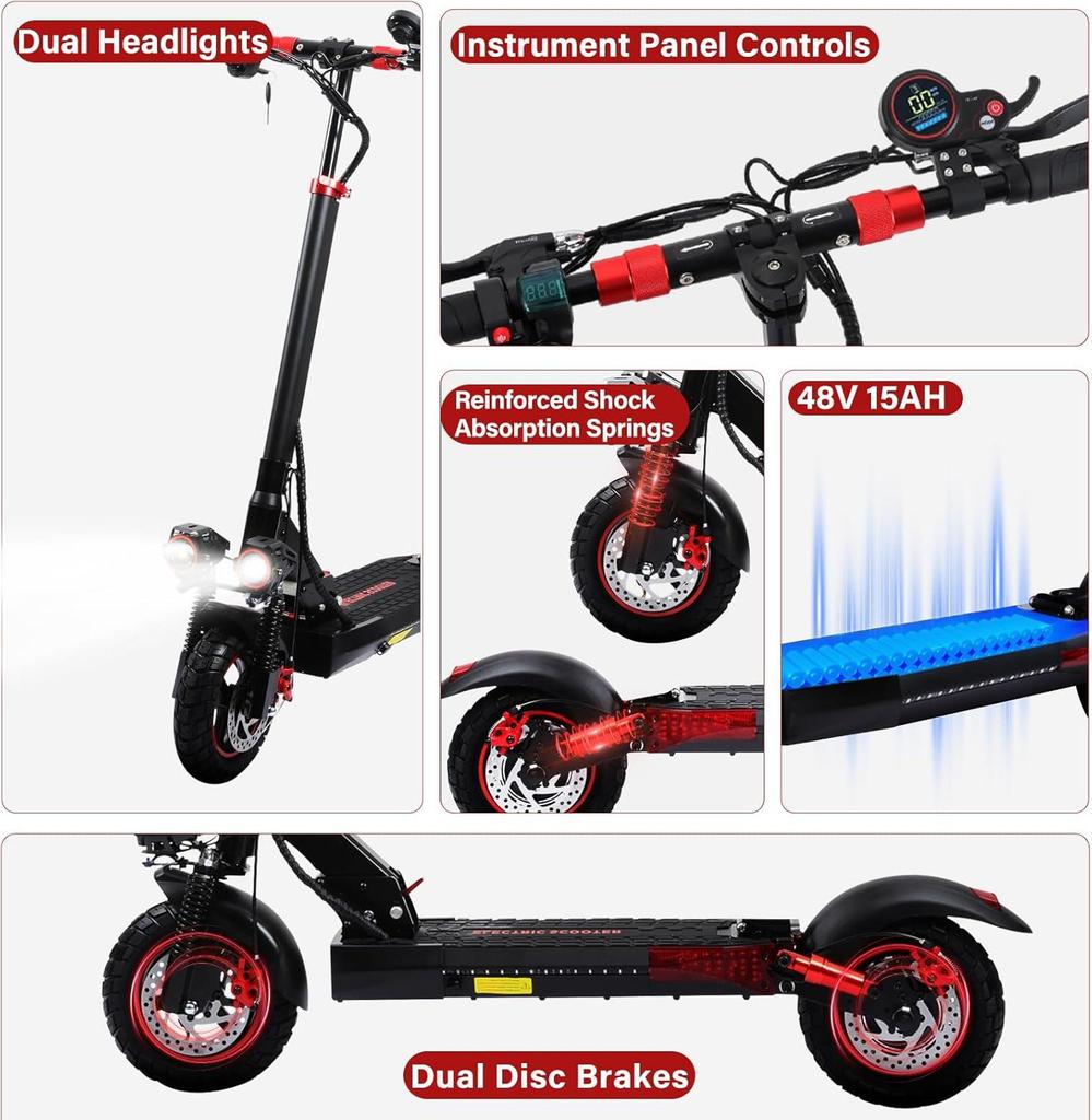 Foldable Adult Electric Scooter with Seat 48V15AH Up to 55KM Range,10" All-Terrain Tire IP54 Dual Disc Brake Cruise Control